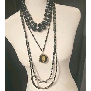 3 Vtg  Black Glass Beaded  Neclaces-2  Strand Crown Trifari and Unmarked + Cameo